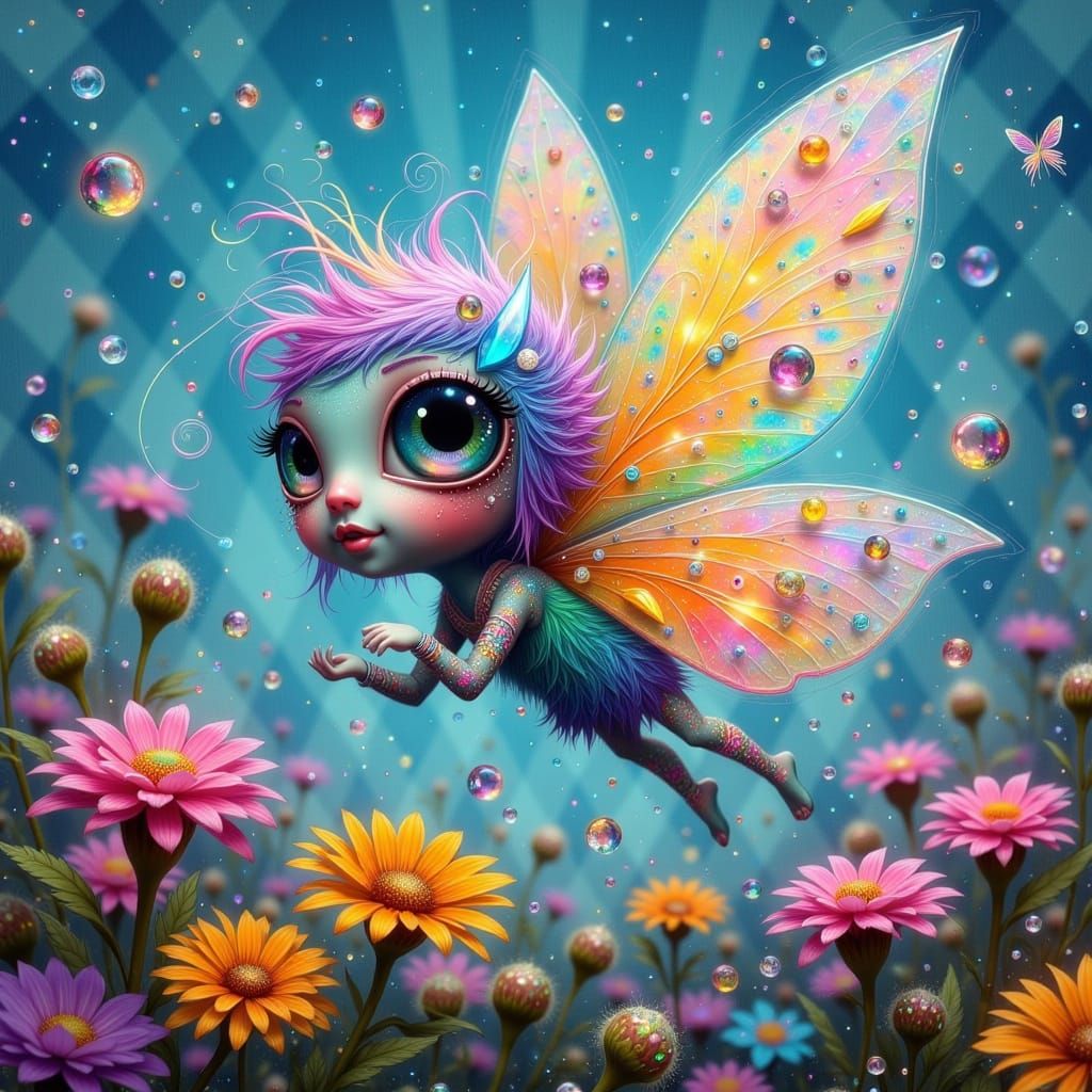 Whimsical Crystal Fae with Gingham Wings and Vibrant Meadow