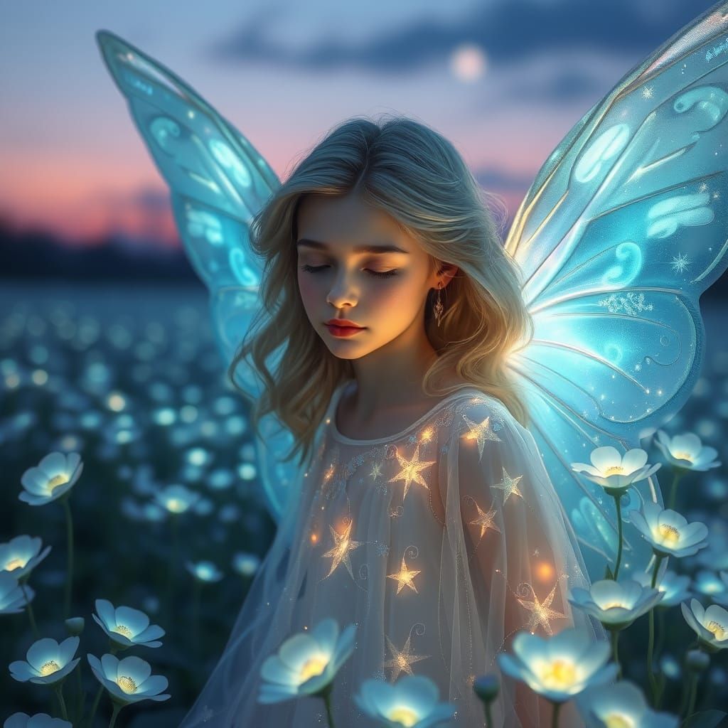 Ethereal Guardian Angel in a Dreamlike Landscape of Biolumin...