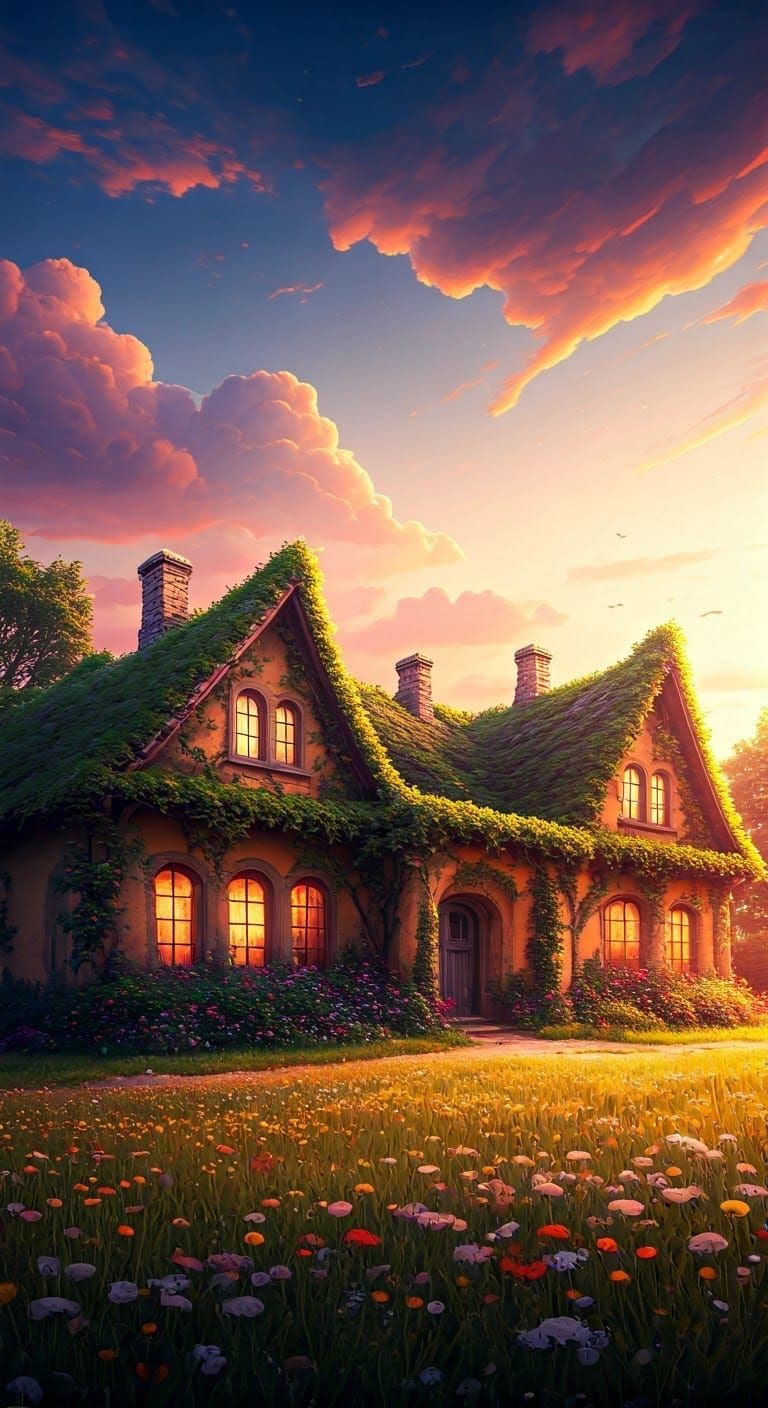 Whimsical Cob House in Overgrown Garden, Cinematic Photograp...