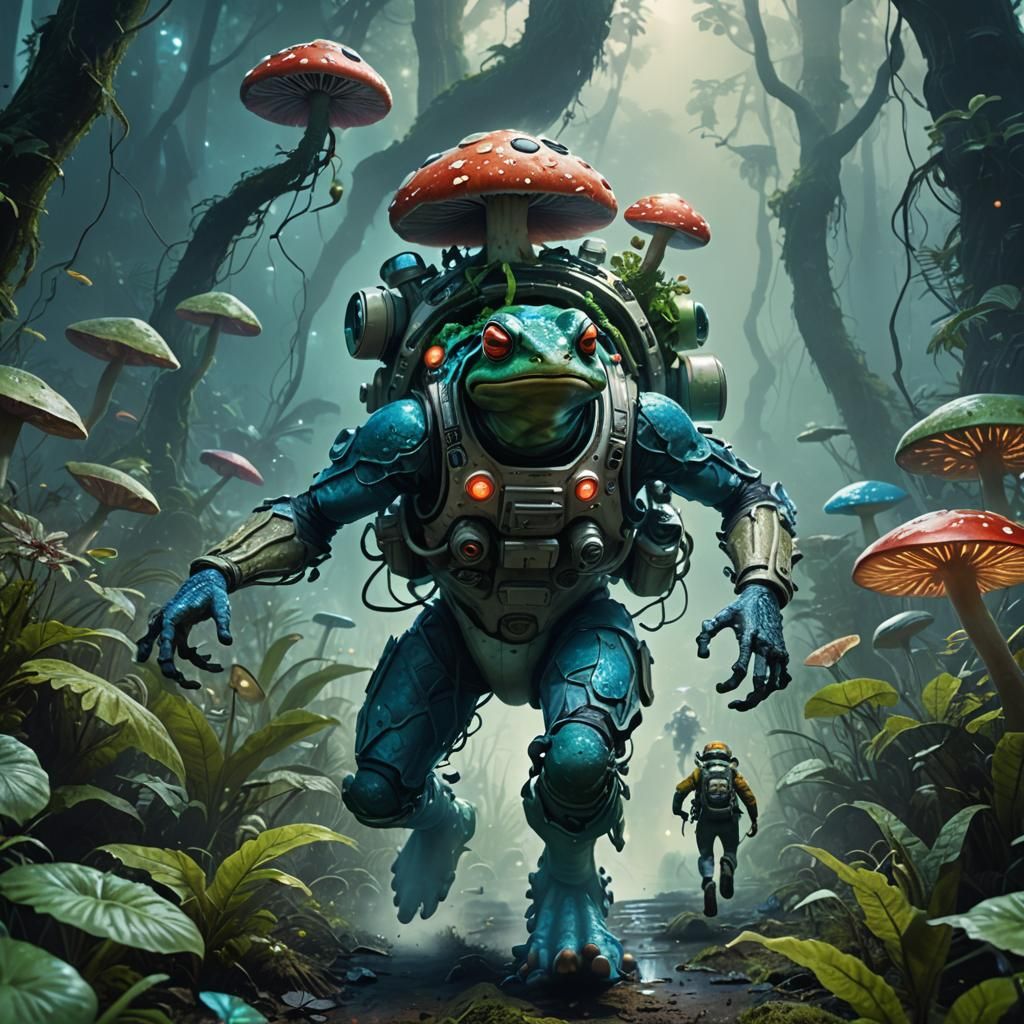 Mushroom Man Escaping Astronaut in Jungle