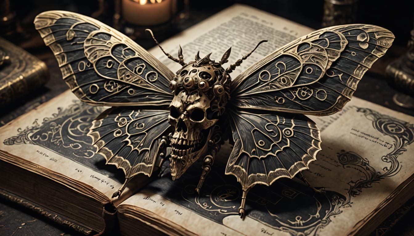 Skull Moth on Cursed Book in Horror Style