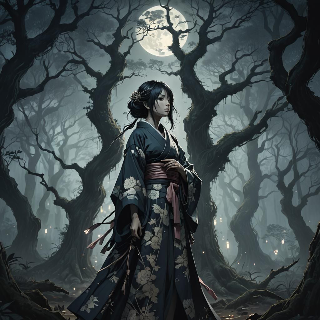 Eerie Forest Anime Girl in Dark Fantasy Style