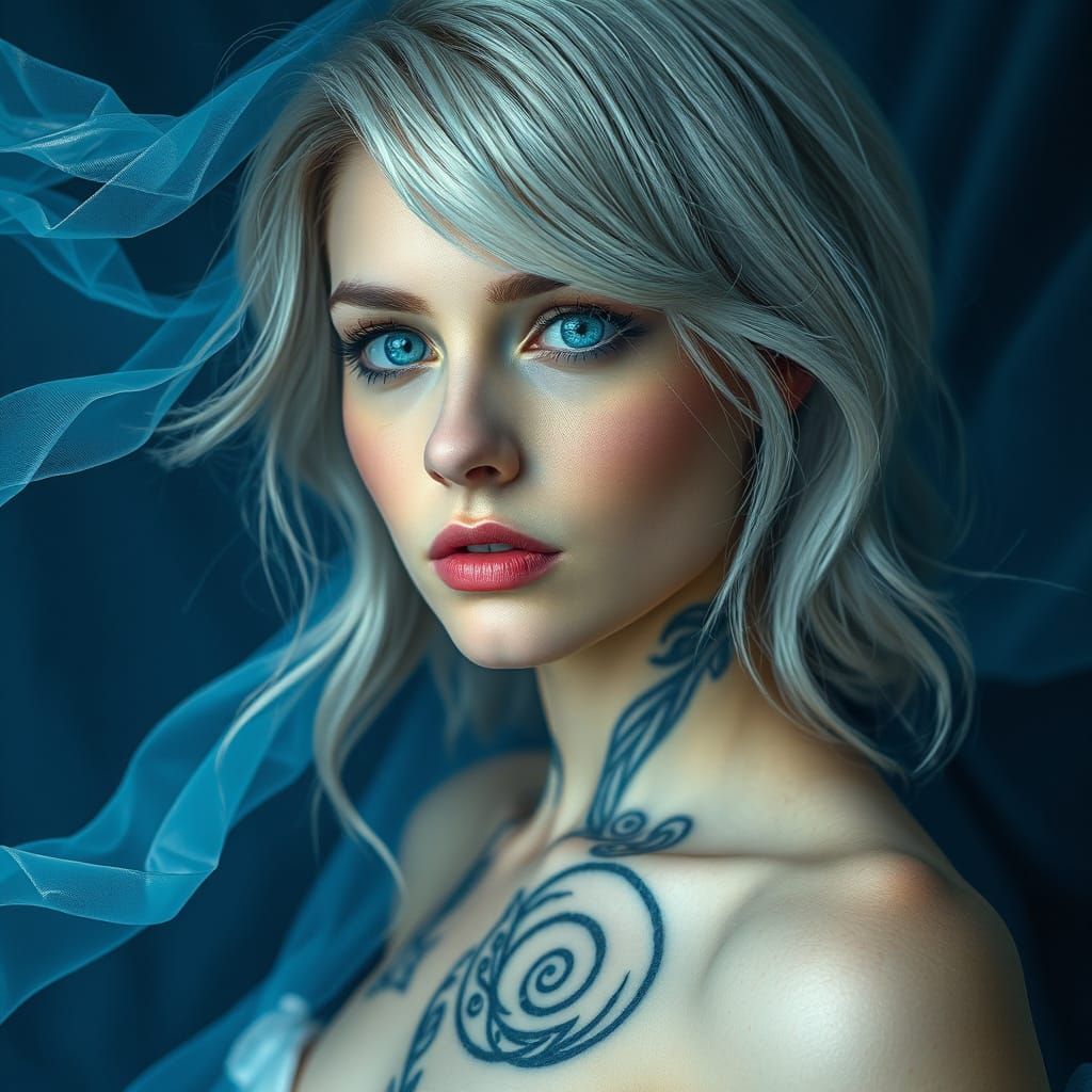 Elegant Woman with Spiraling Tattoo in Ethereal Style