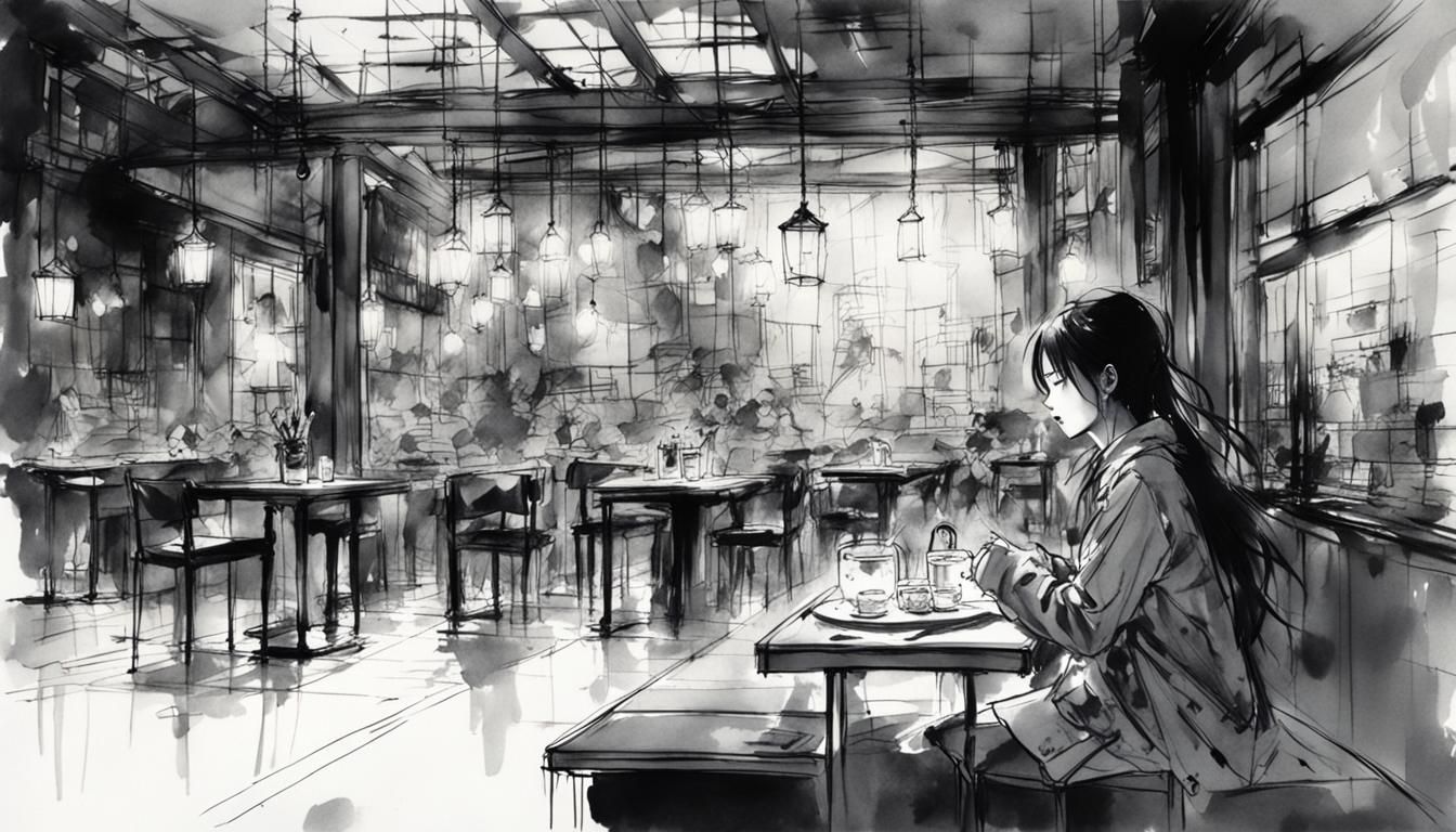 Detailed Sumi-e Drawing of Girl in Night Scene