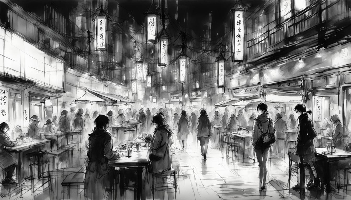 Pretty Girl in Night-Lit Place: Sumi-e Concept Art