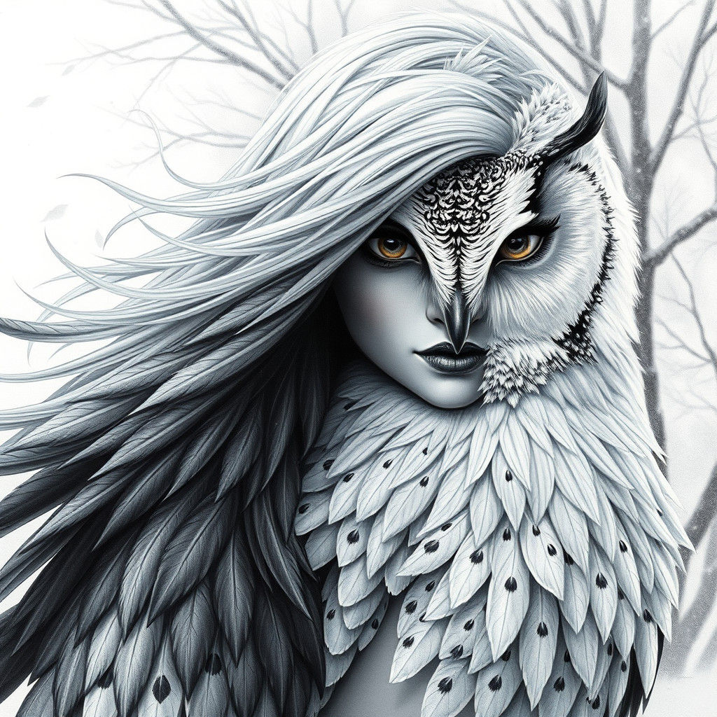 Captivating Female Owl Hybrid in Charcoal Drawing Style