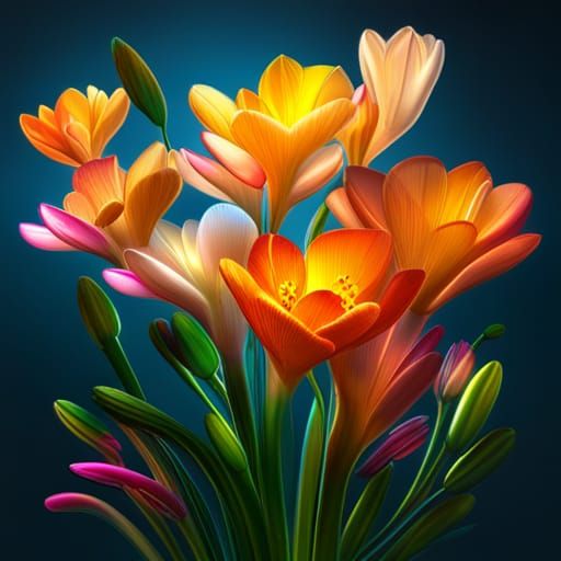 Freesias in Crystal Cubism: Hyperrealistic 3D Art