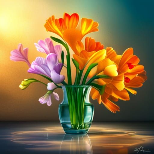 Freesias in Crystal Cubism: Hyperrealistic 3D Art