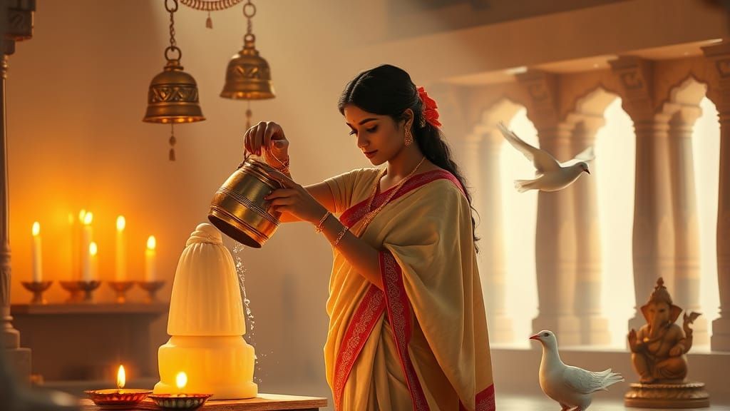 Woman in Contemplative Reverence Within a Warmly Lit Temple