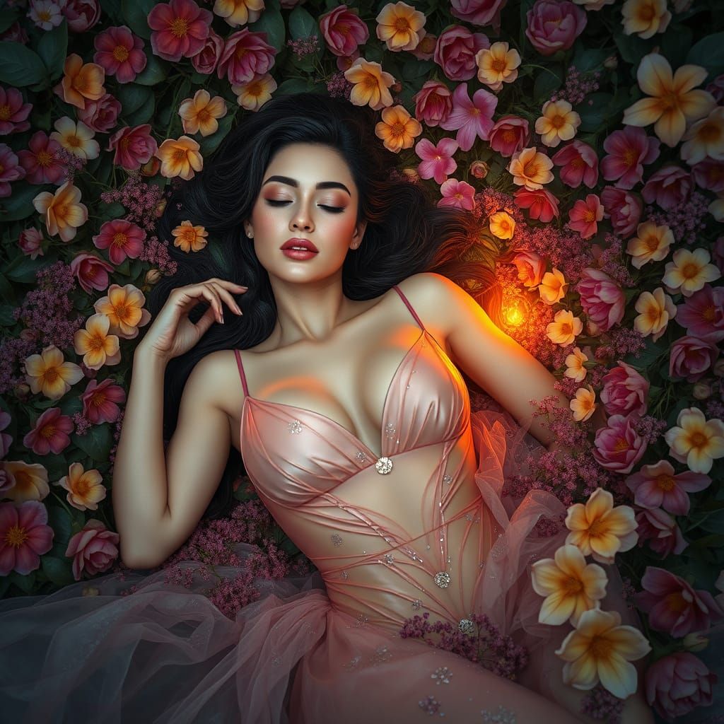 Brunette Woman in Flower Tornado: Hyperrealistic Digital Art