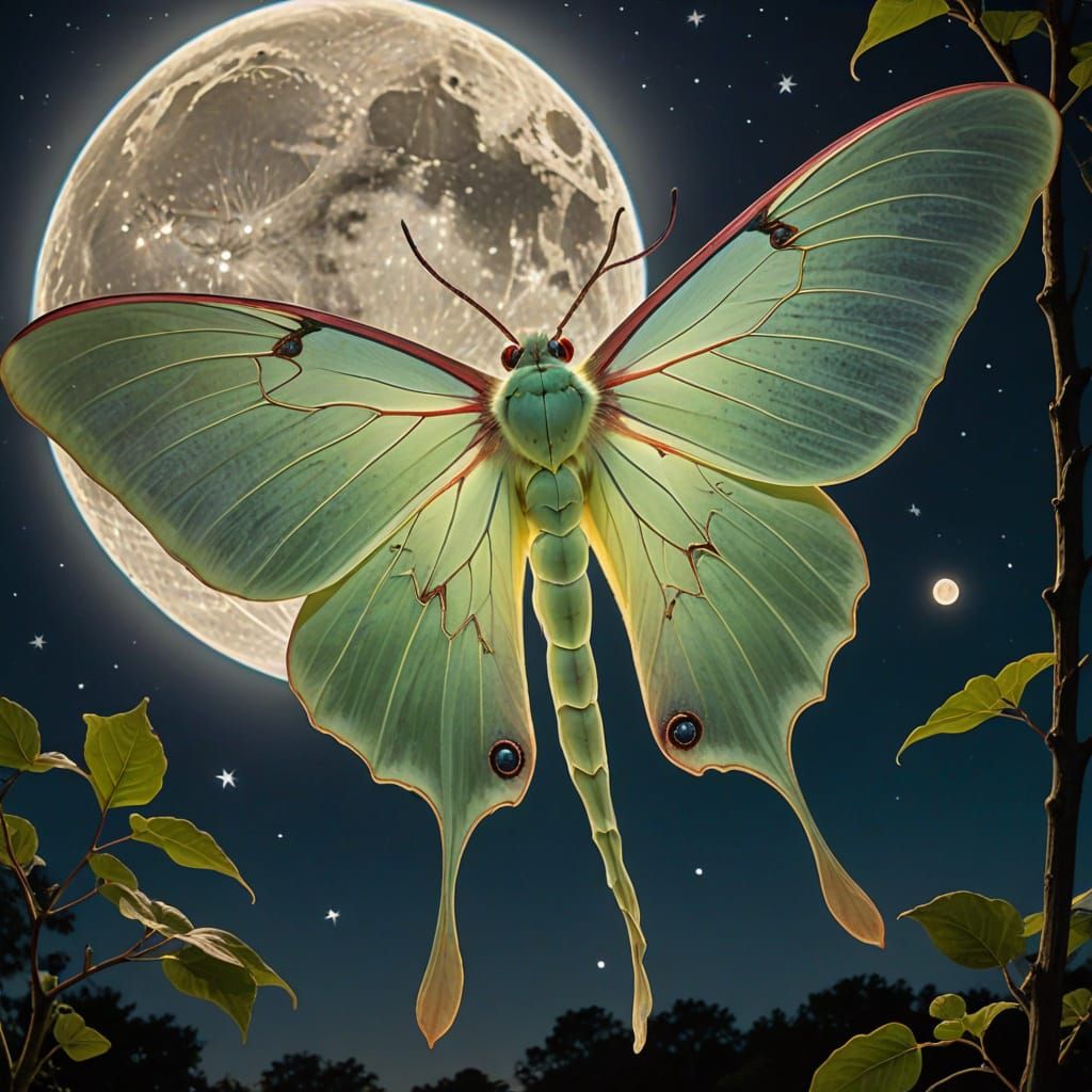 Moon lights up the Luna Moth