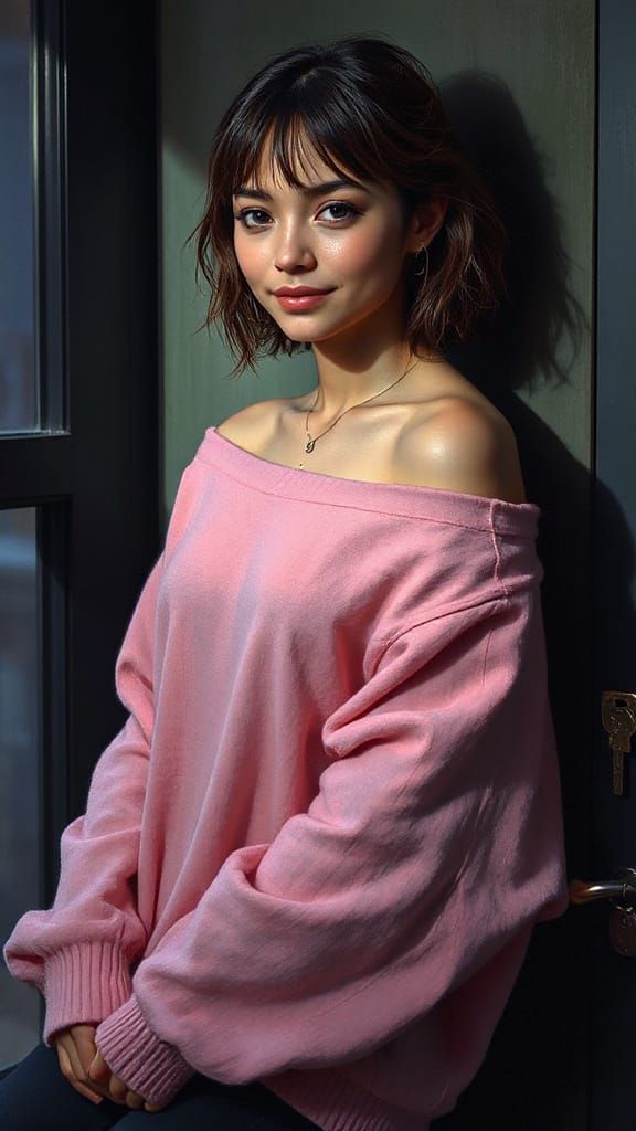 Elegant Woman in Oversized Pink Sweater