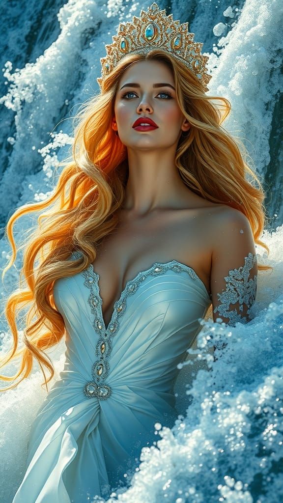 Woman Emerges from Waterfall with Glistening Gems