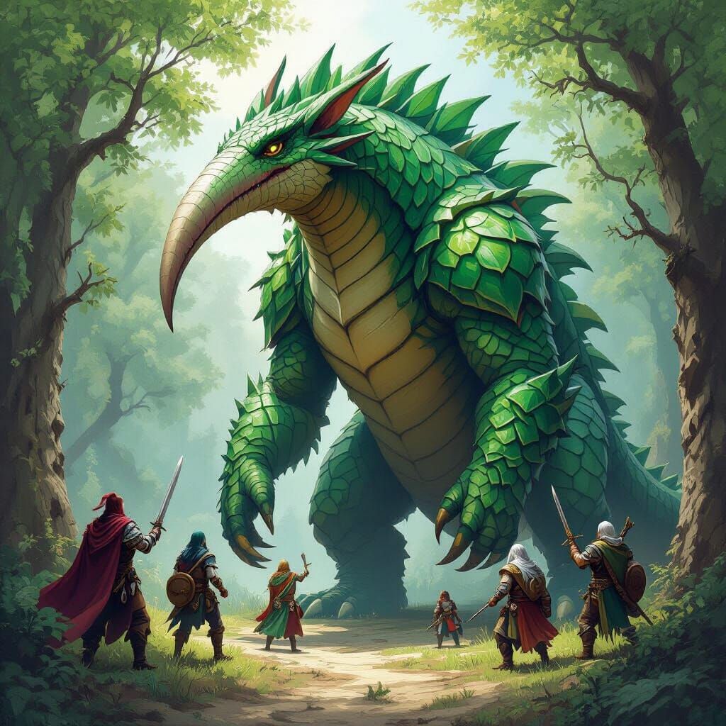 Emerald Dragon-Anteater Menaces Adventurers in Fantasy Battl...