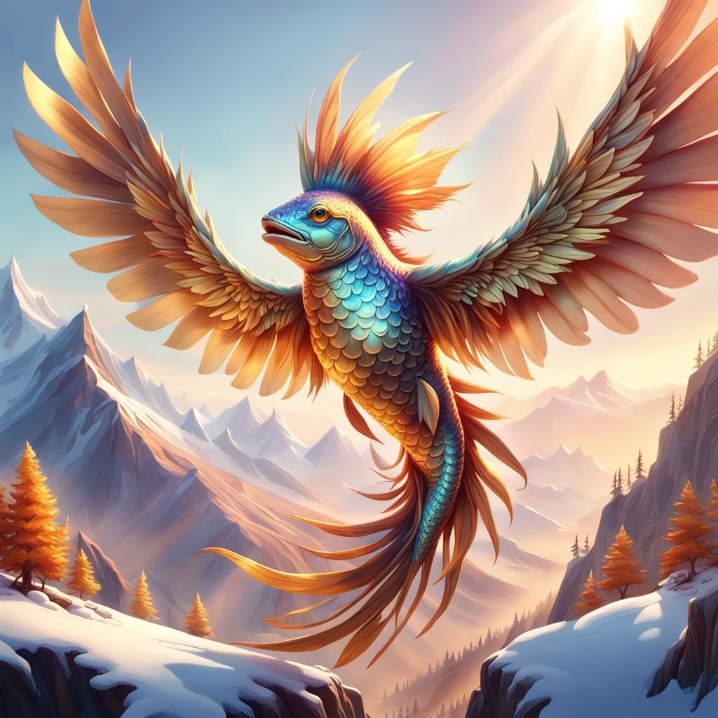 Winged Fish Soaring Through Mountain Peaks