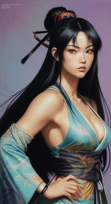 Female samurai, Extraordinarily large-breasted.Contrasting c...