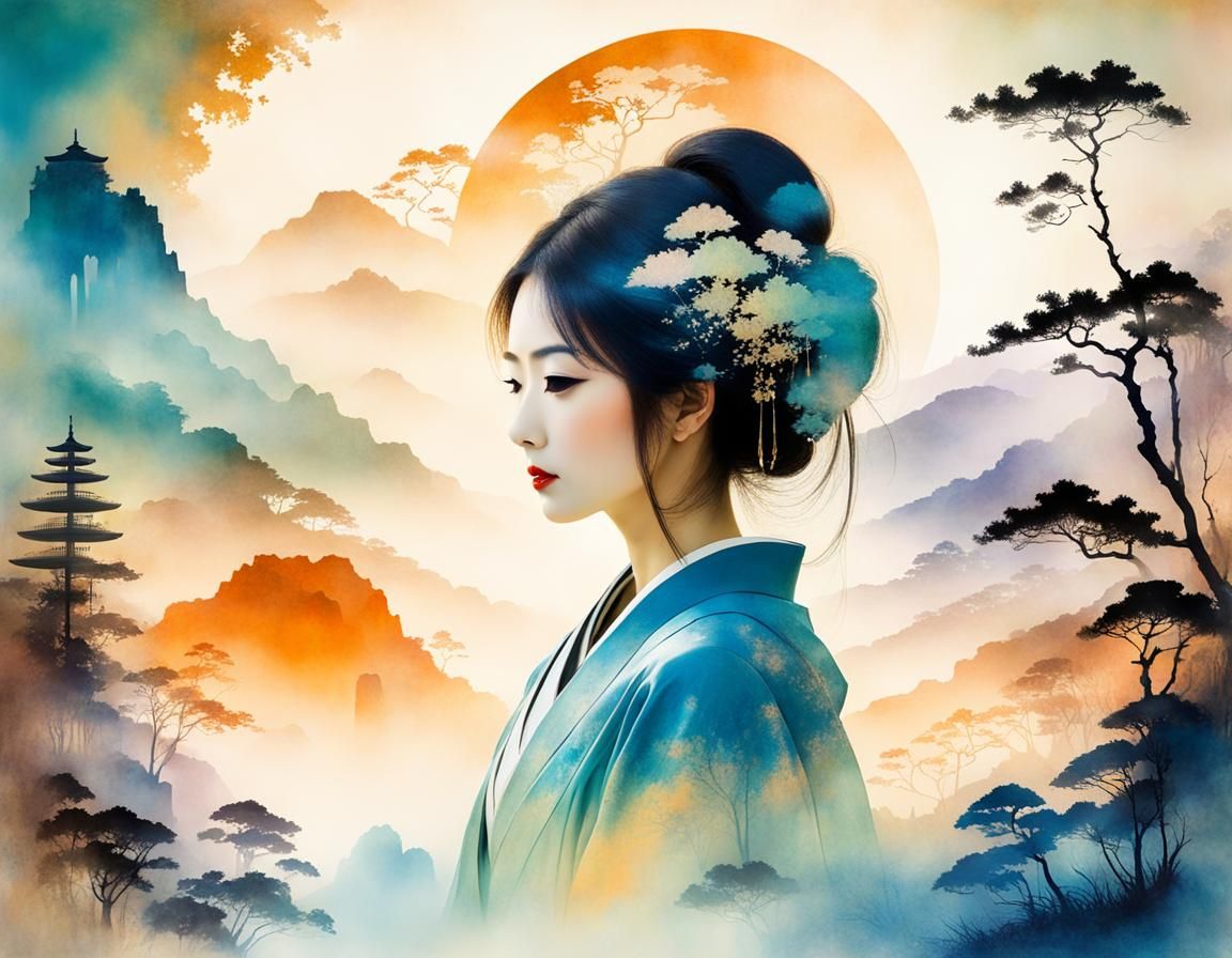 Japanese Woman Silhouette in Fantasy Landscape