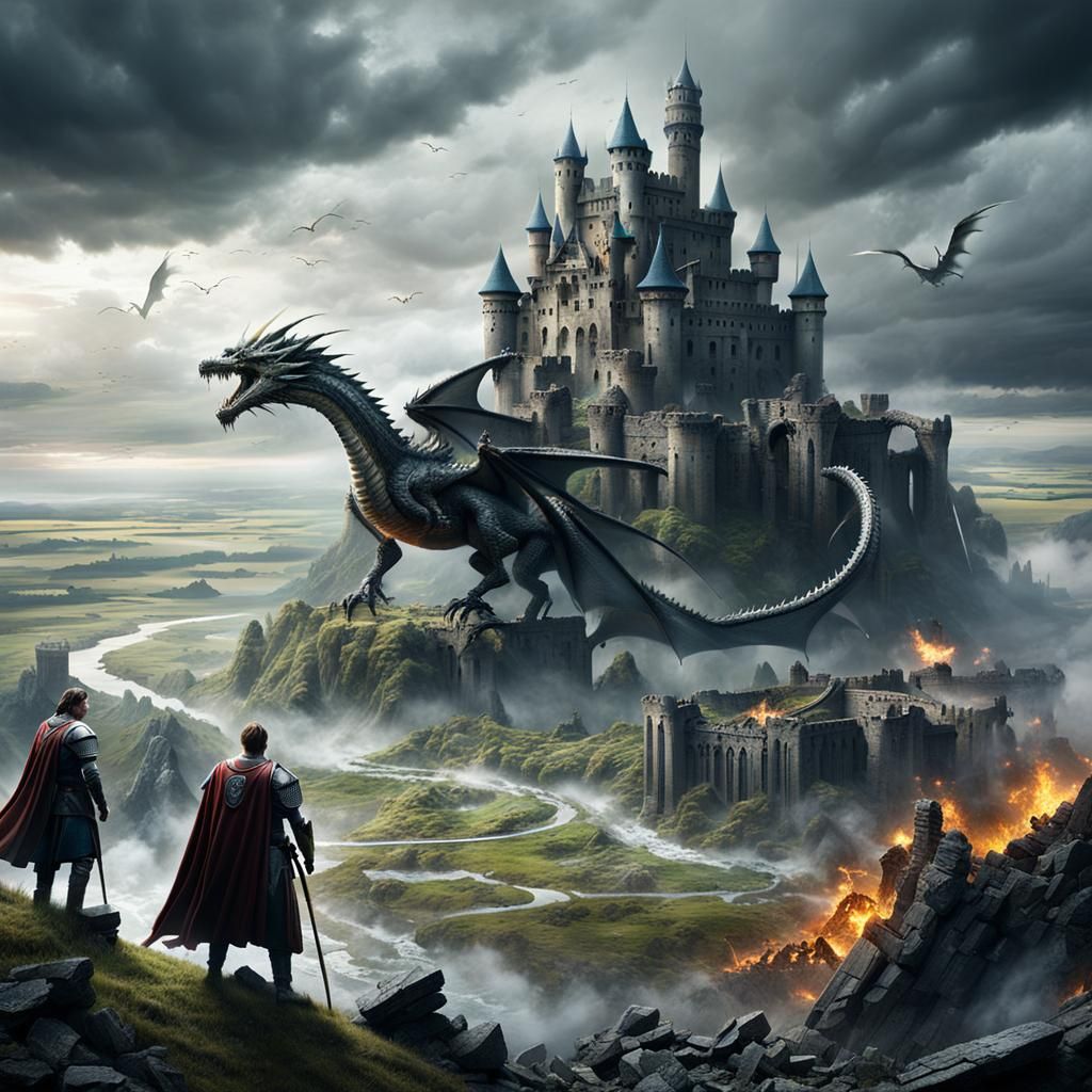 Epic Battle: Heroes Versus Dragon at Ruined Castle