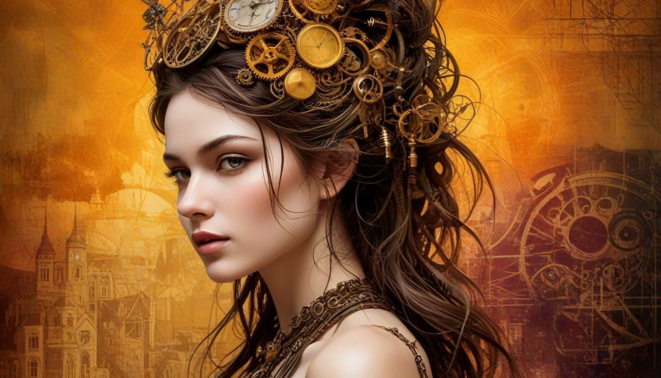 Goth Nature Goddess in Klimt Style With Steampunk