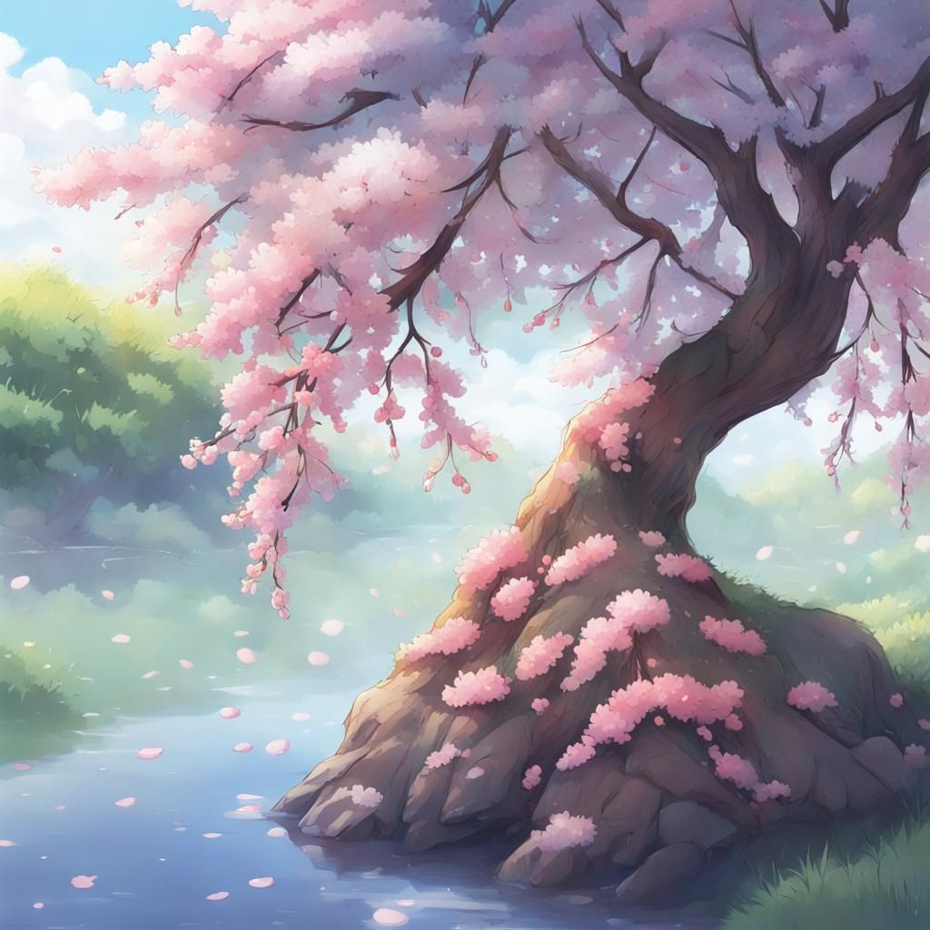 Pink Cherry Tree in Spring Garden: Anime Style