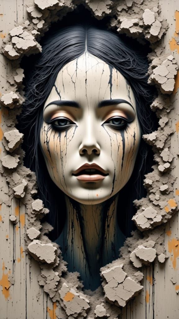 Introspective Woman Emerges from Ancient Wall in Muted Earth...