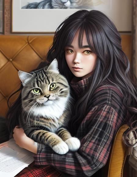 Girl Holding Siberian Cat Ink Drawing