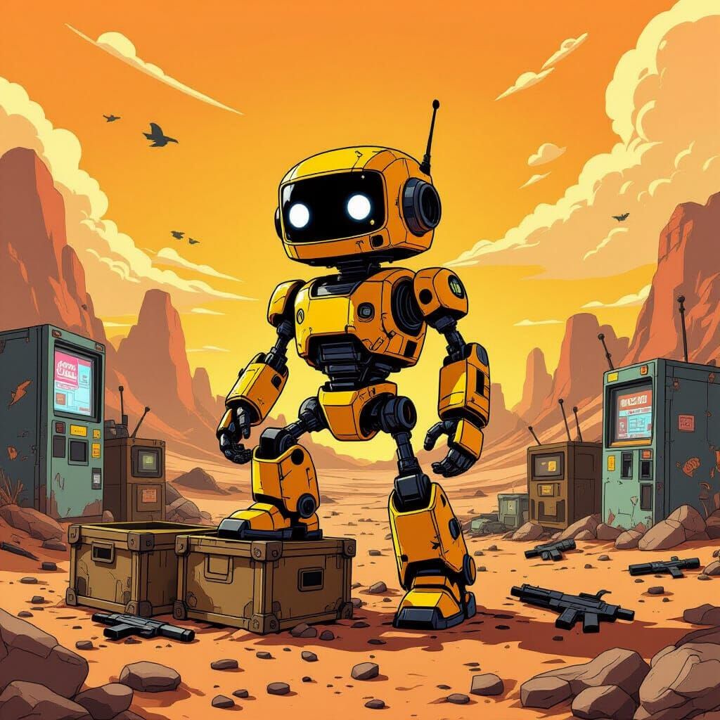 Gritty Robot in Desert Landscape, Comic Book Style