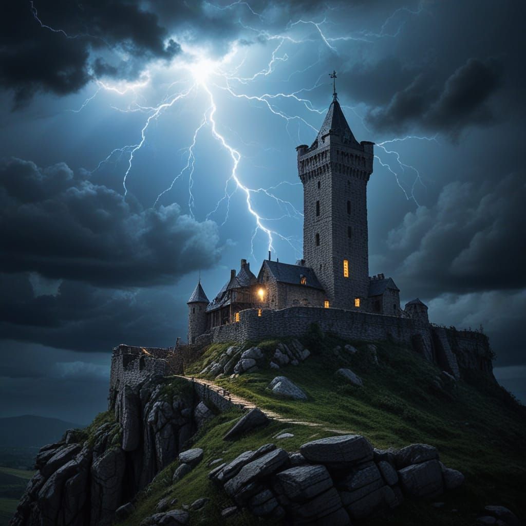 Divine Lightning Strikes a Lone Tower in Dark Fantasy