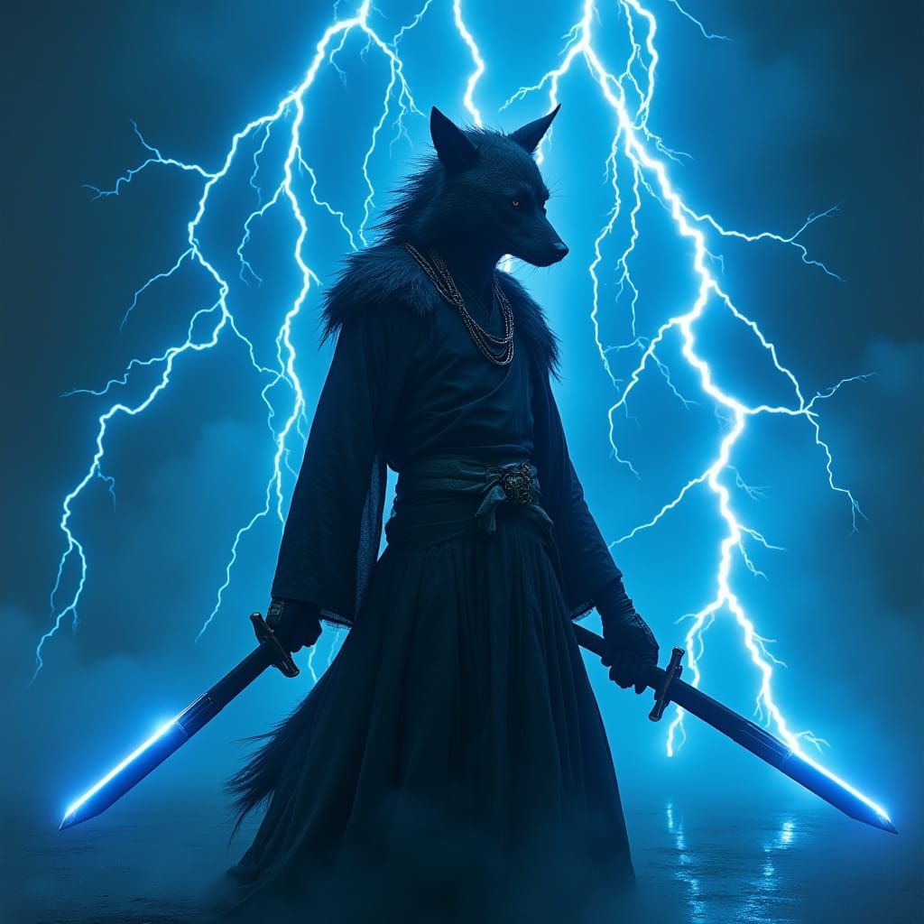 Cyberpunk Wolf Hybrid Swordsman Amidst Electric Storm