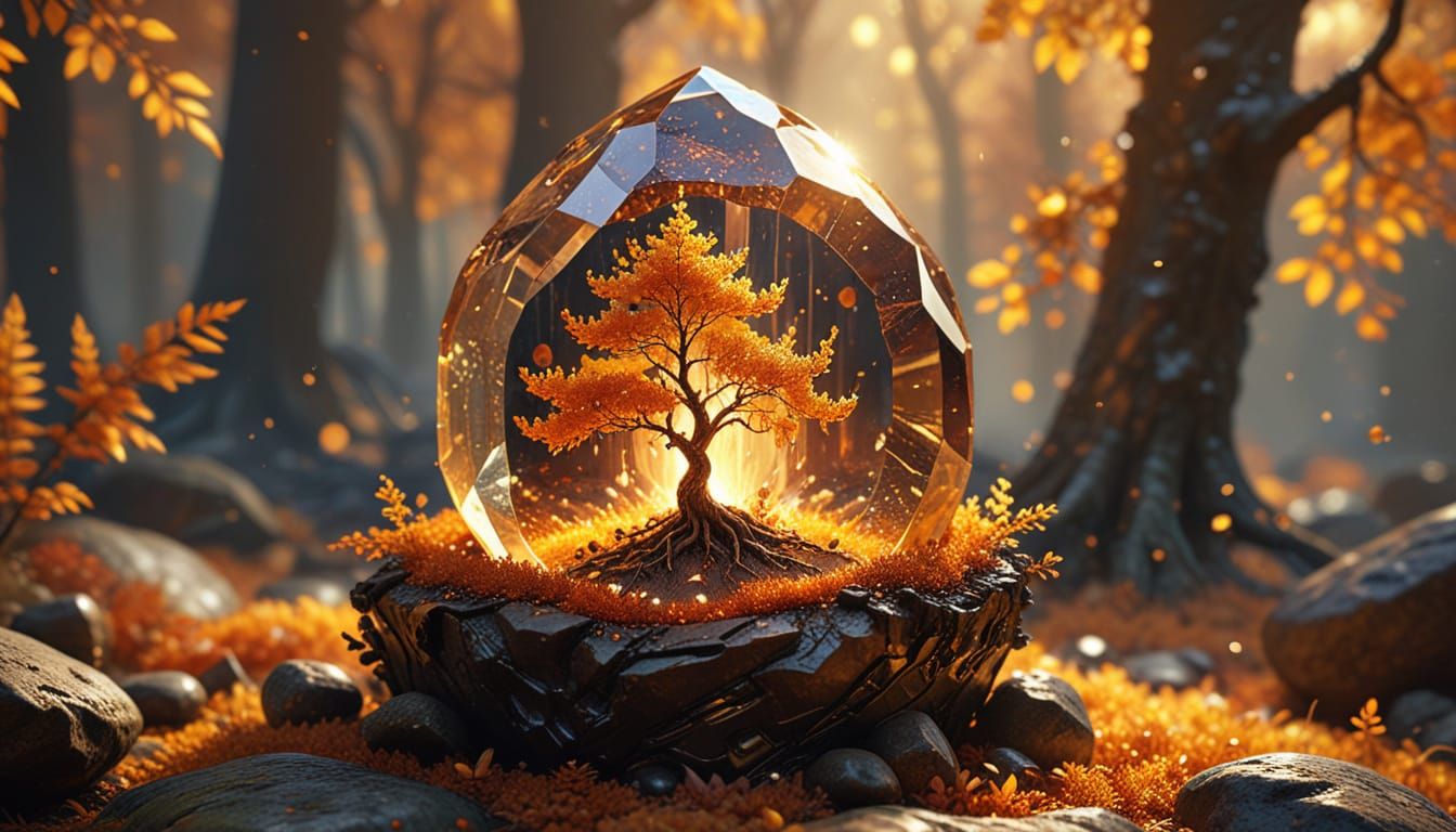 Amber Crystal with Autumn Forest: Photorealistic Render