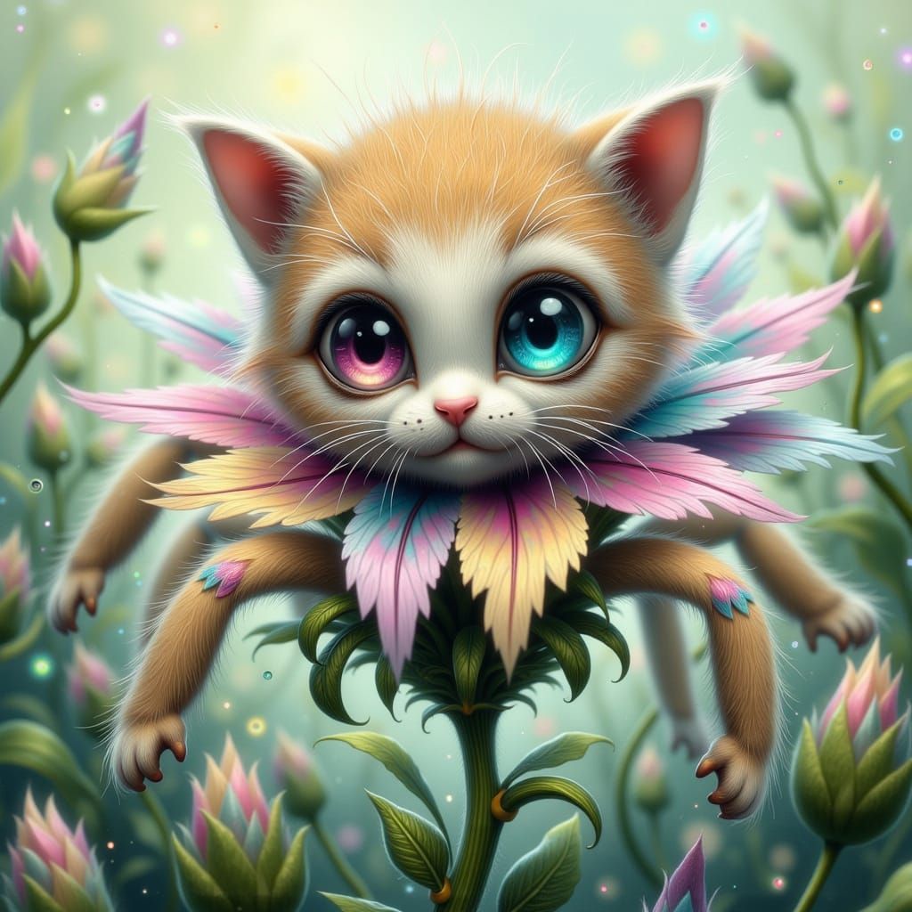 Whimsical Fae Kitten on a Rainbow Flower in High Definition