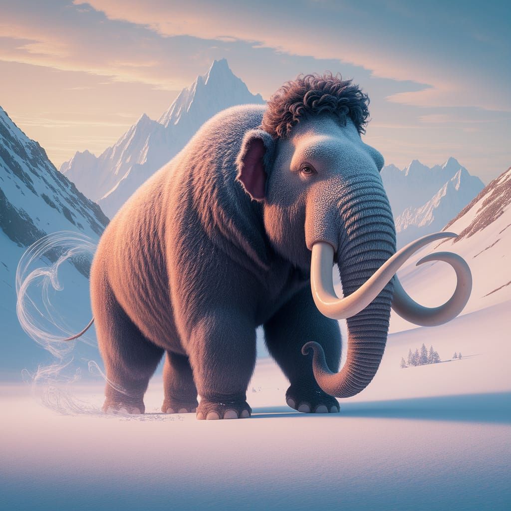 Woolly Mammoth in Snowy Valley, Ghibli-Inspired Digital Art