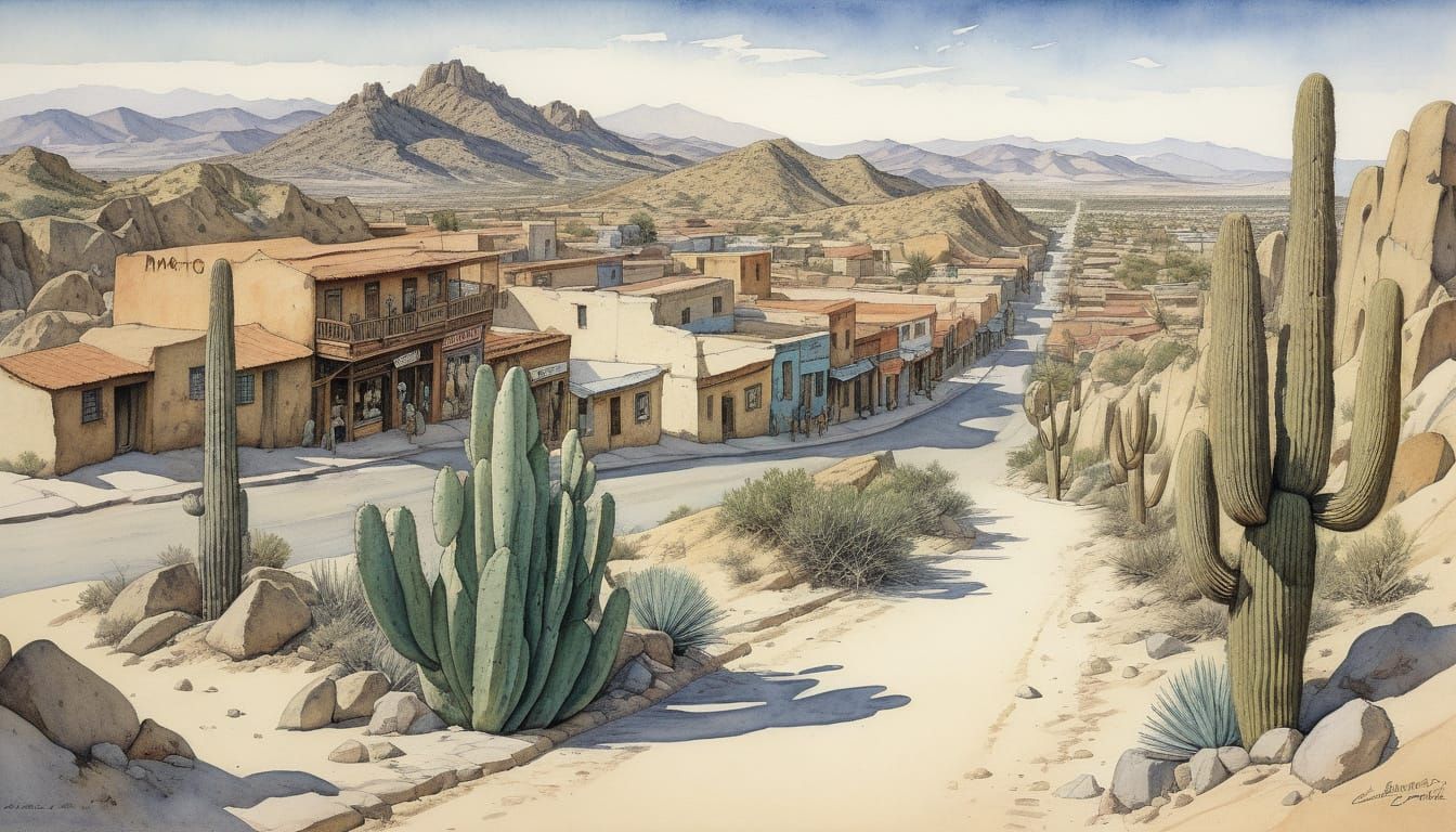 Adobe Desert Town in Watercolor Oil Painting Style