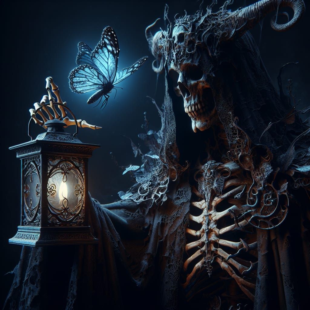 Mysterious Figure with Lantern and Butterfly