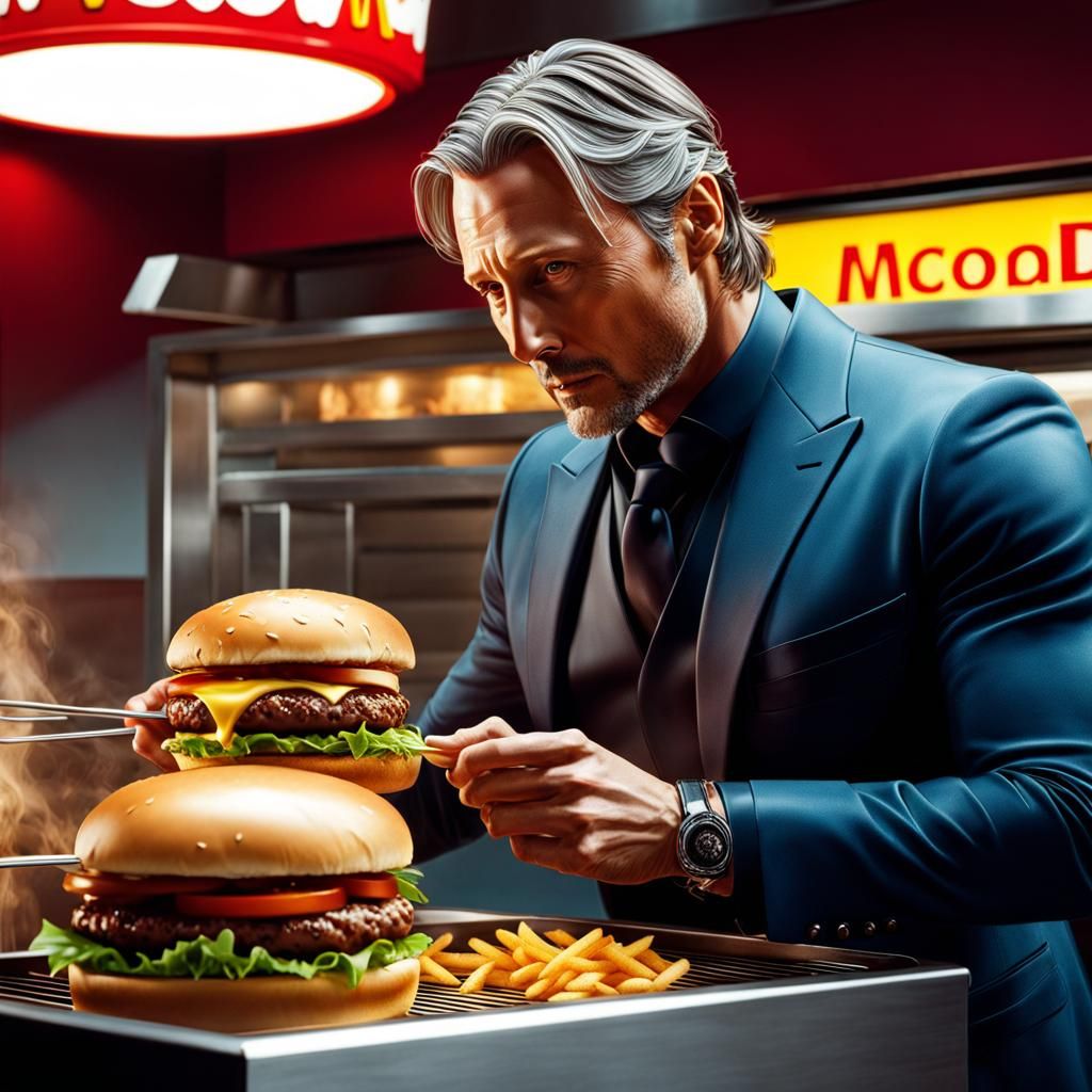 Mads Mikkelsen Hannibal, cooking hamburgers, at Mcdonalds