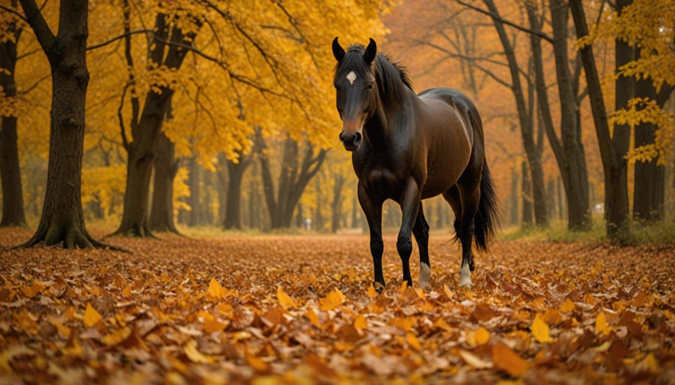 Colt Chasing Leaves in Golden Autumn Forest