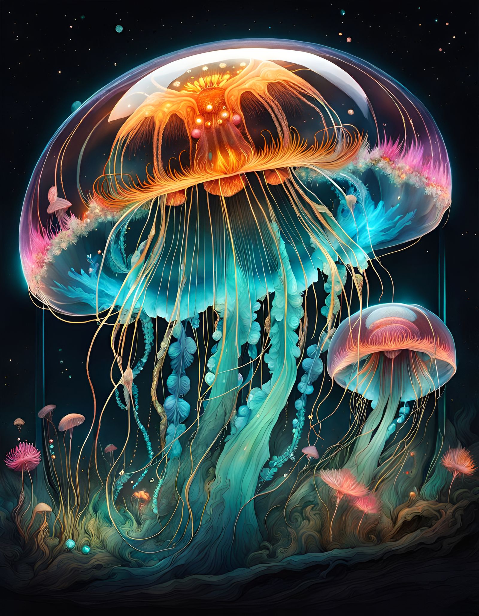 Bioluminescent Jellyfish Explosion Inside Glass Orb