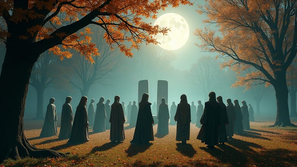 Elven Ritual in Moonlit Autumn Forest