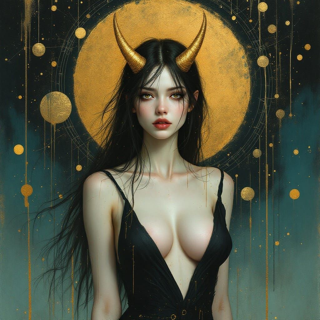Serene Symbolic Portrait of a Young Woman with Golden Horns