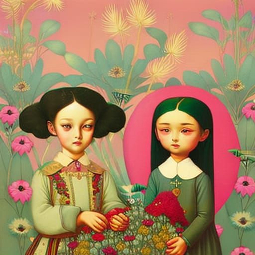 Grandmother and Granddaughter in Surreal Garden of Wisdom