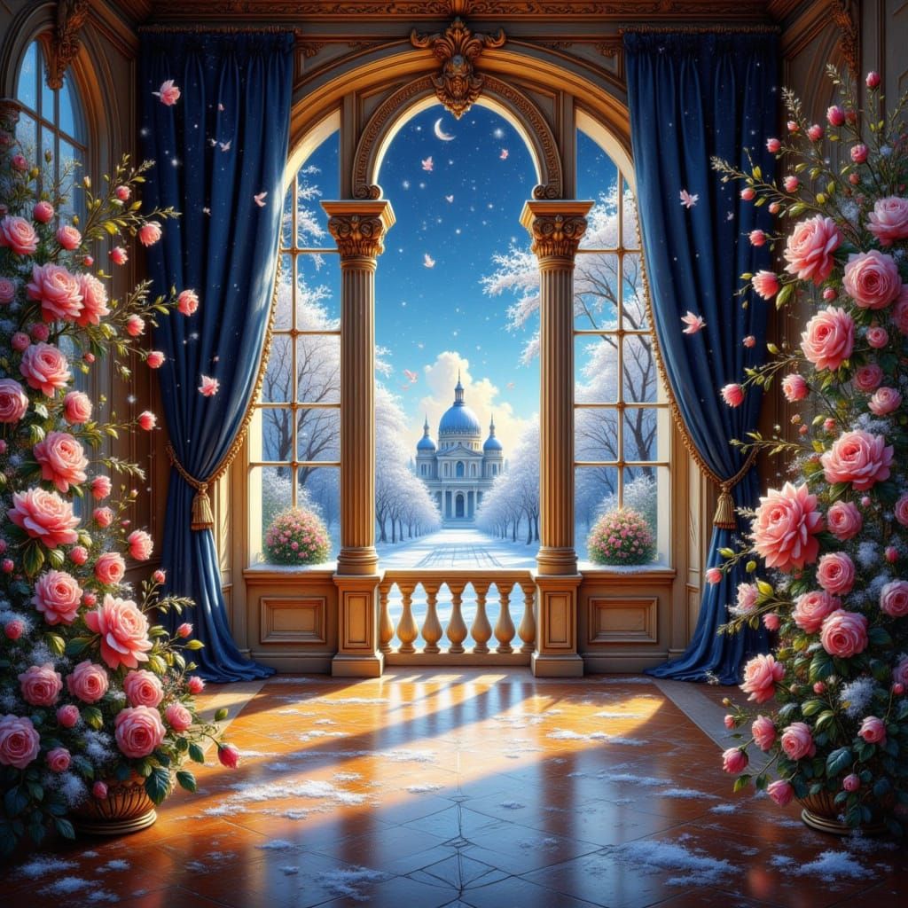 Elegant Empty Ballroom Overlooking Winter Garden