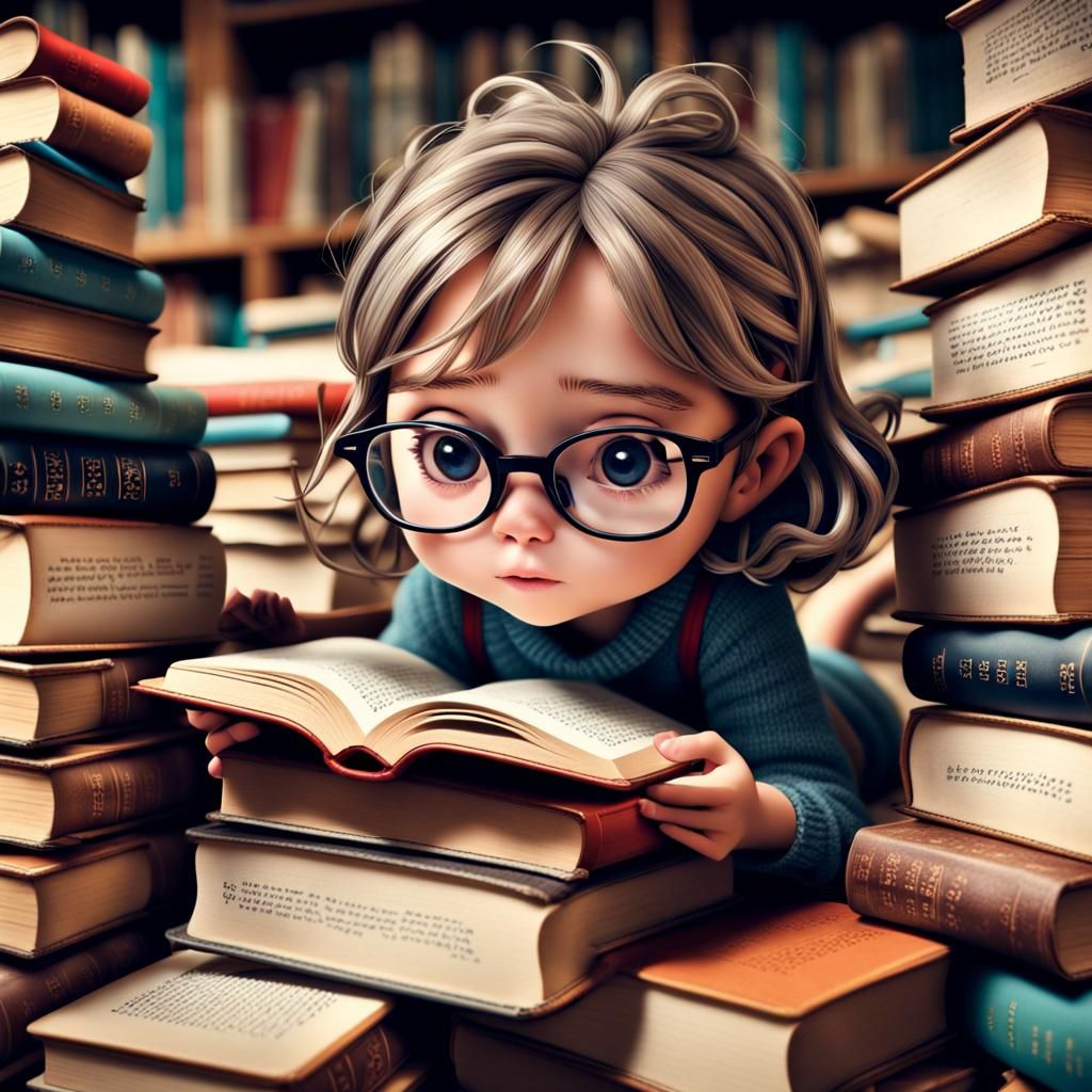 Whimsical Owl Reading Books in Kawaii Style