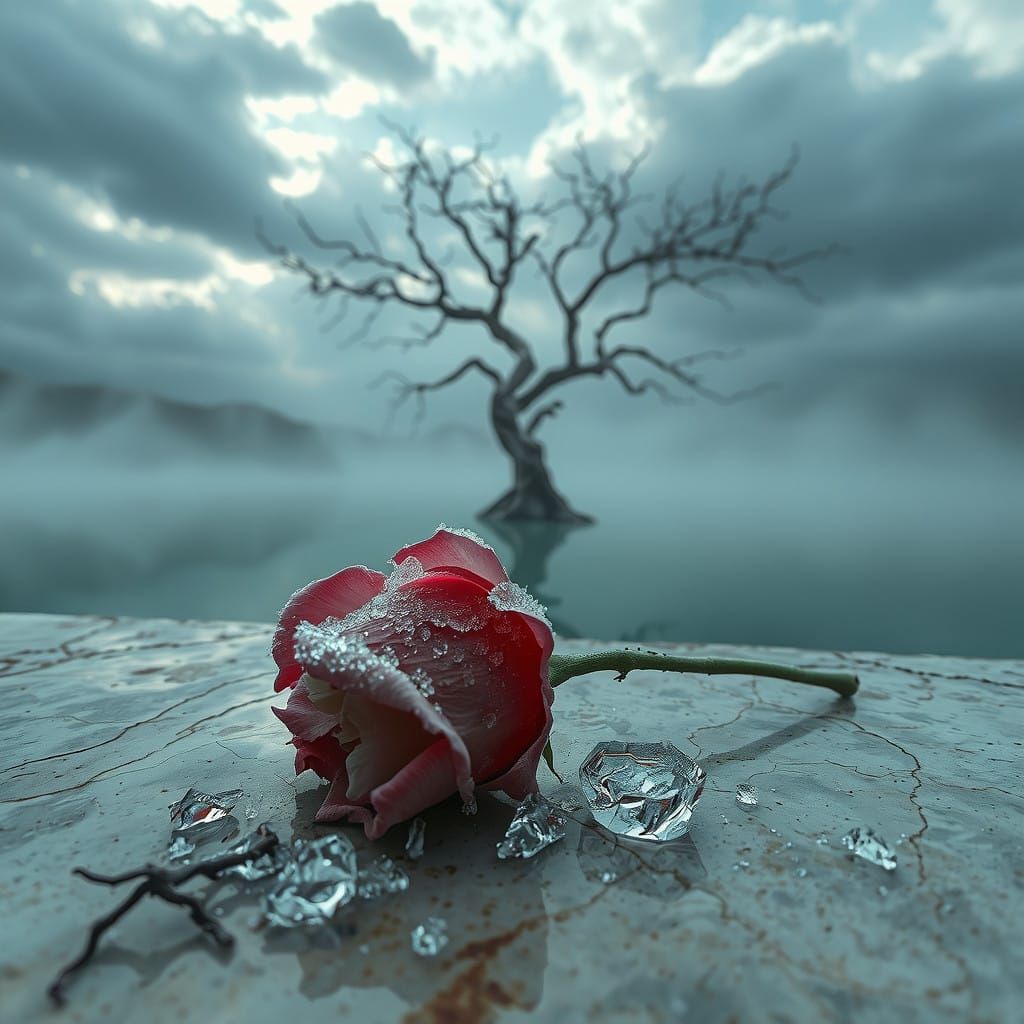 Frozen Rose on Marble Slab in Crepuscular Light