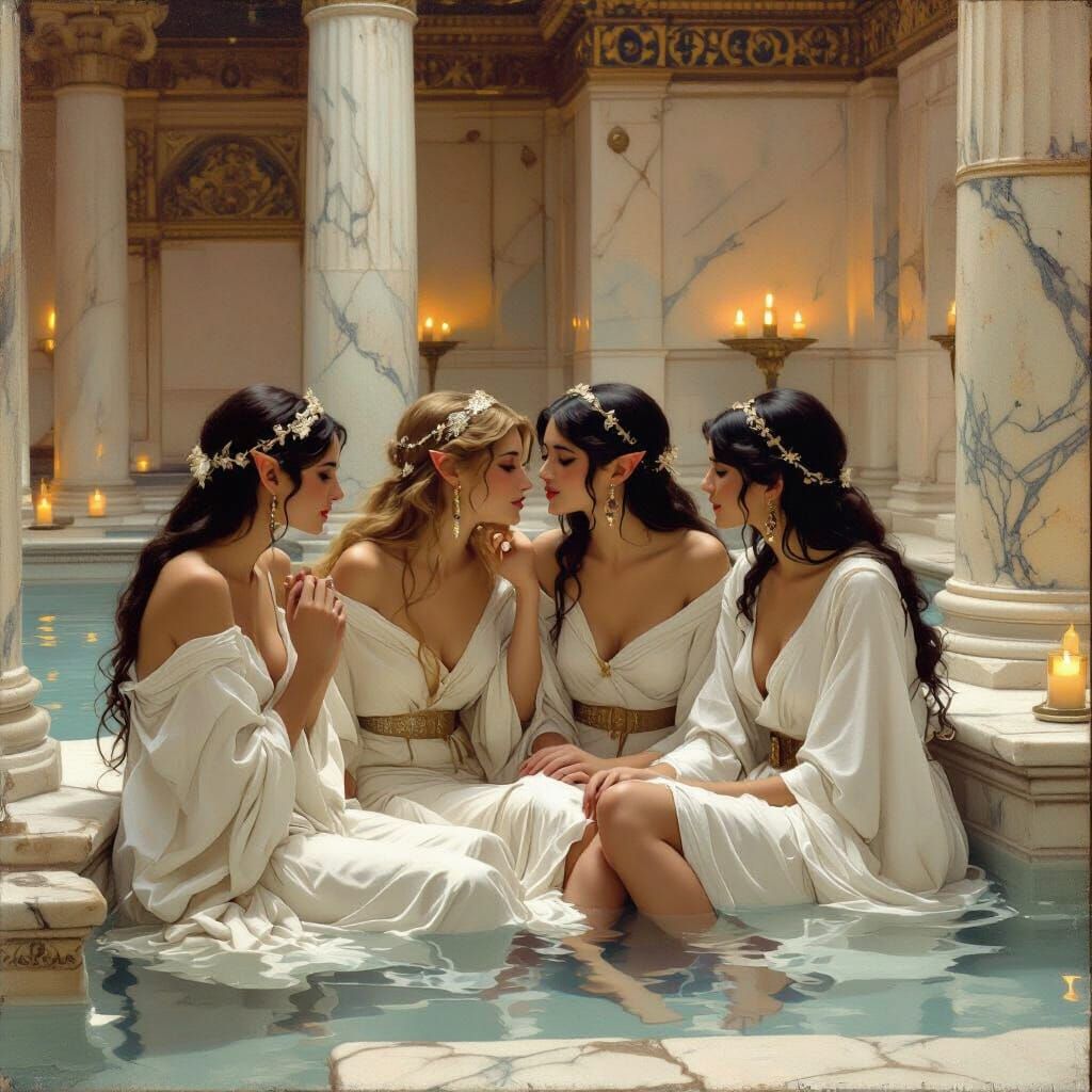 Elegant Elf Women in Roman Bathhouse