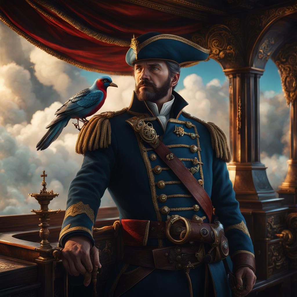 Captain on Flying Galleon with Bird, Detailed Matte Painting
