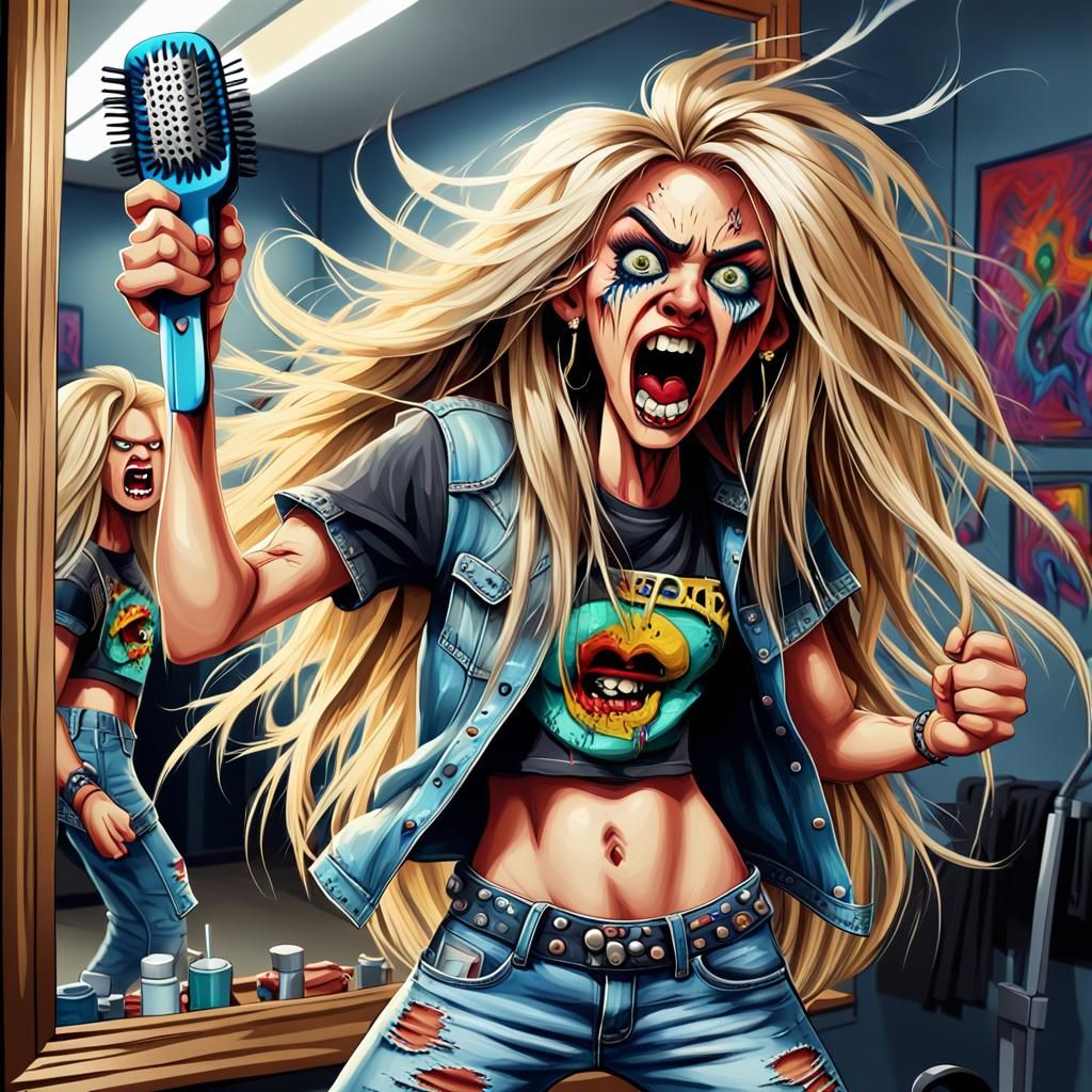 Psychedelic Caricature of a Rocker Singing with Hairbrush