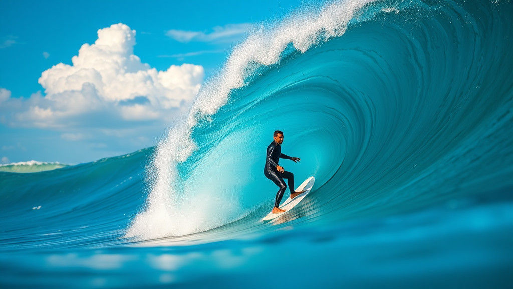 Surfer Rides Colossal Wave Under Blue Sky