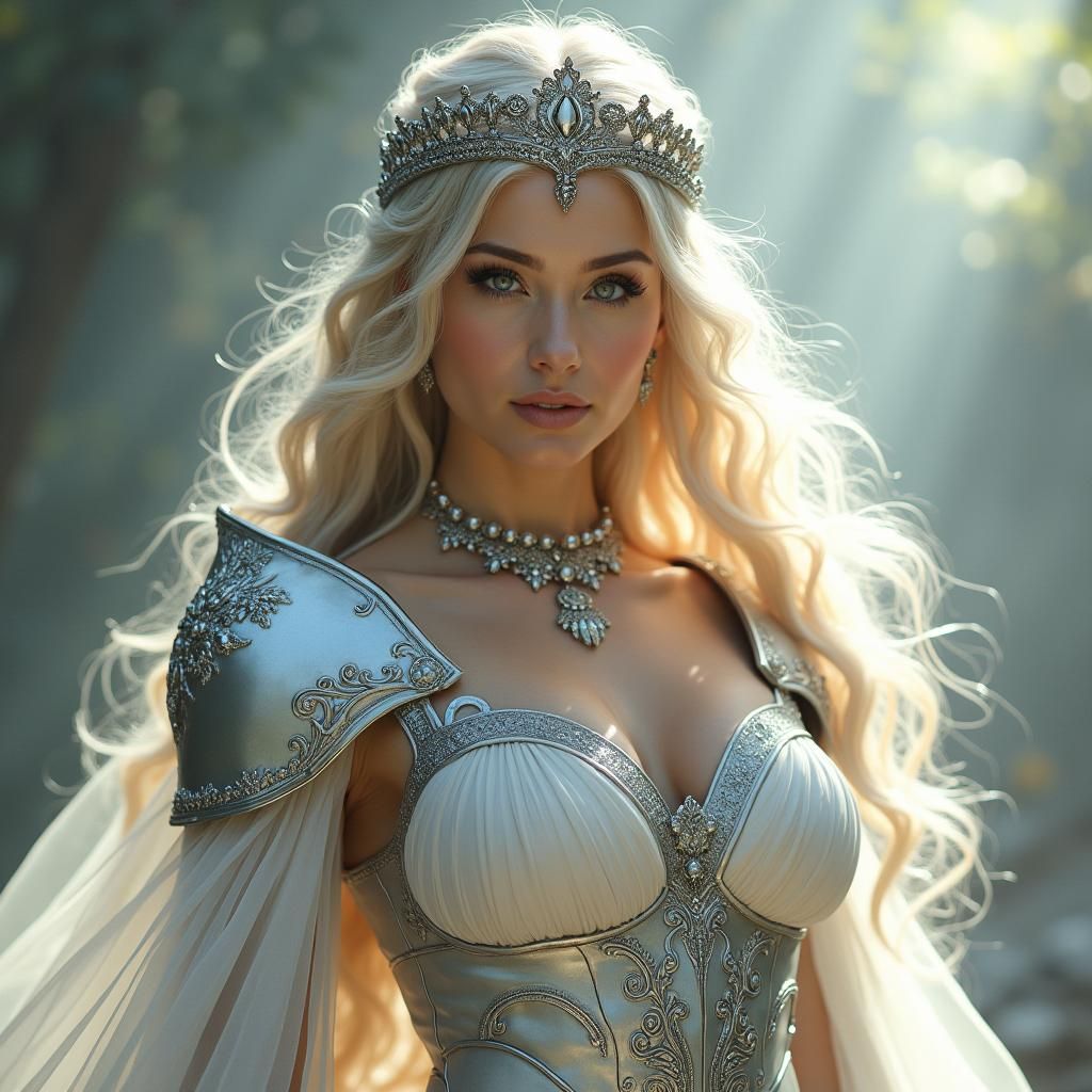 Warrior Queen with Silver Hair in Fantasy Realm