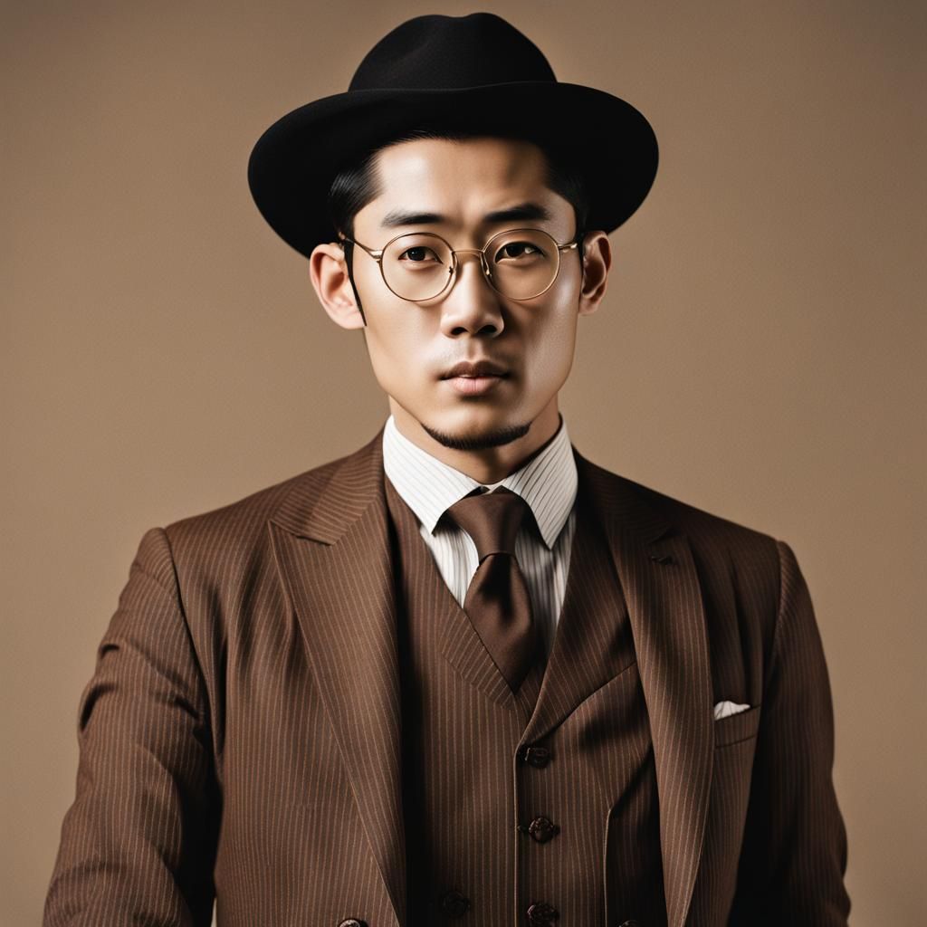 Tall, thin clean-shaven Korean man in his late twenties wears brown Western style threadbare pinstripe suit, vest, eyegl...