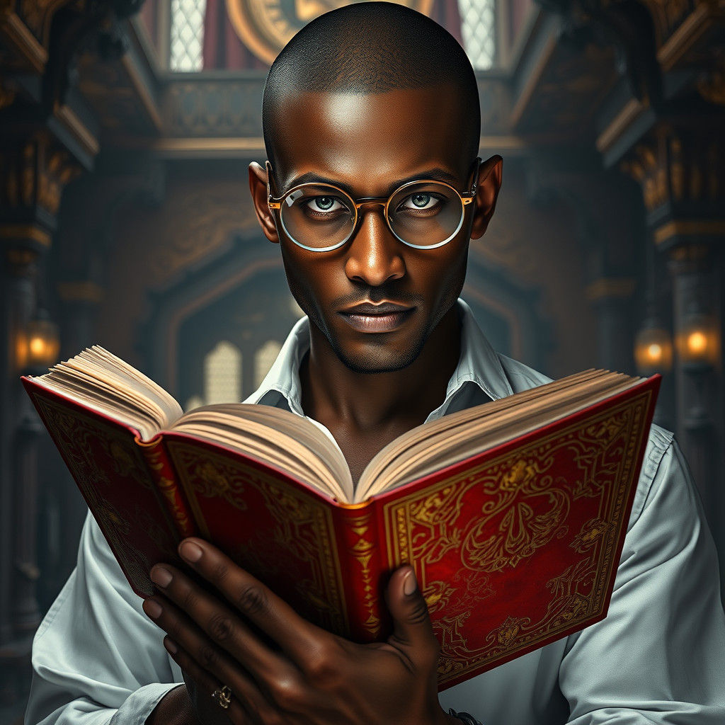 Mystical Man with Silver Eyes Reading Ancient Book